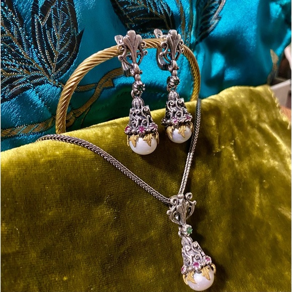 925 silver jewellery set elegantly designed pearl, ruby, emarald - Picture 4 of 9